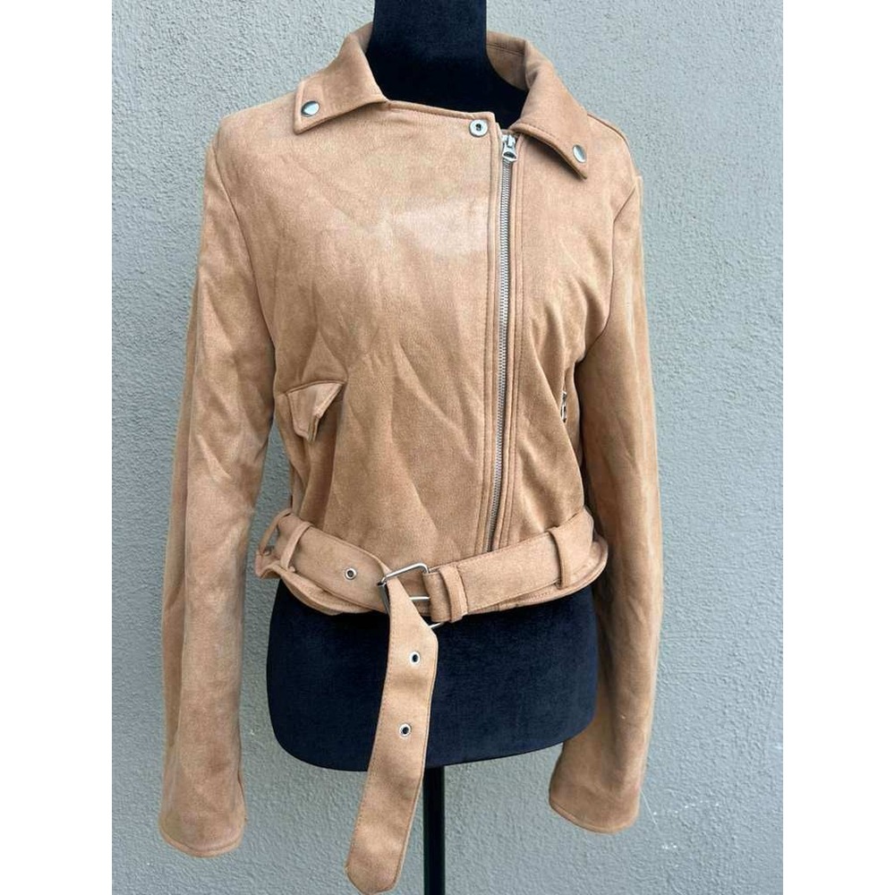 Love Tree Tan Faux Suede Moto Biker‎ Jacket Camel Belted Cropped Medium 80093JM